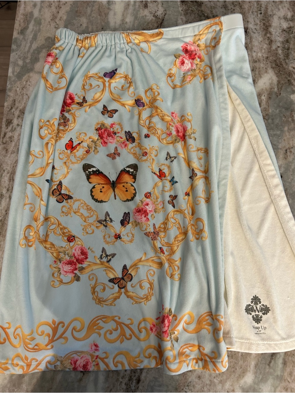 Wrap Light Blue Butterfly Print wrap coverup ,Velcro closure with Gold Scrolls